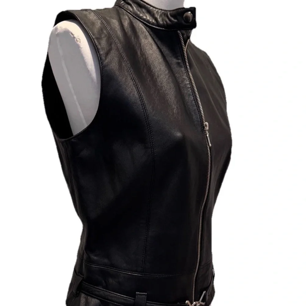 CAbi Black Leather Belted Biker Vest Sz Small - Picture 4 of 10